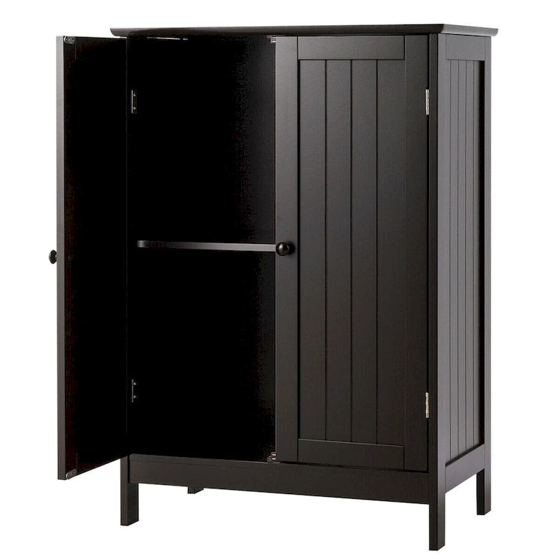 Brown Double Door Floor Storage Cabinet with 2-Layer Shelves and Round Knobs