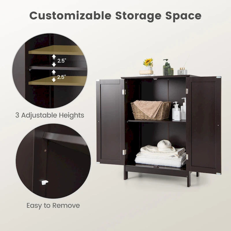 Brown Double Door Floor Storage Cabinet with 2-Layer Shelves and Round Knobs