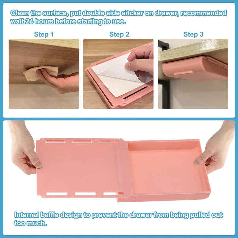 Self-Adhesive Under Desk Drawer Hidden Storage Box Pink Yellow Gray White