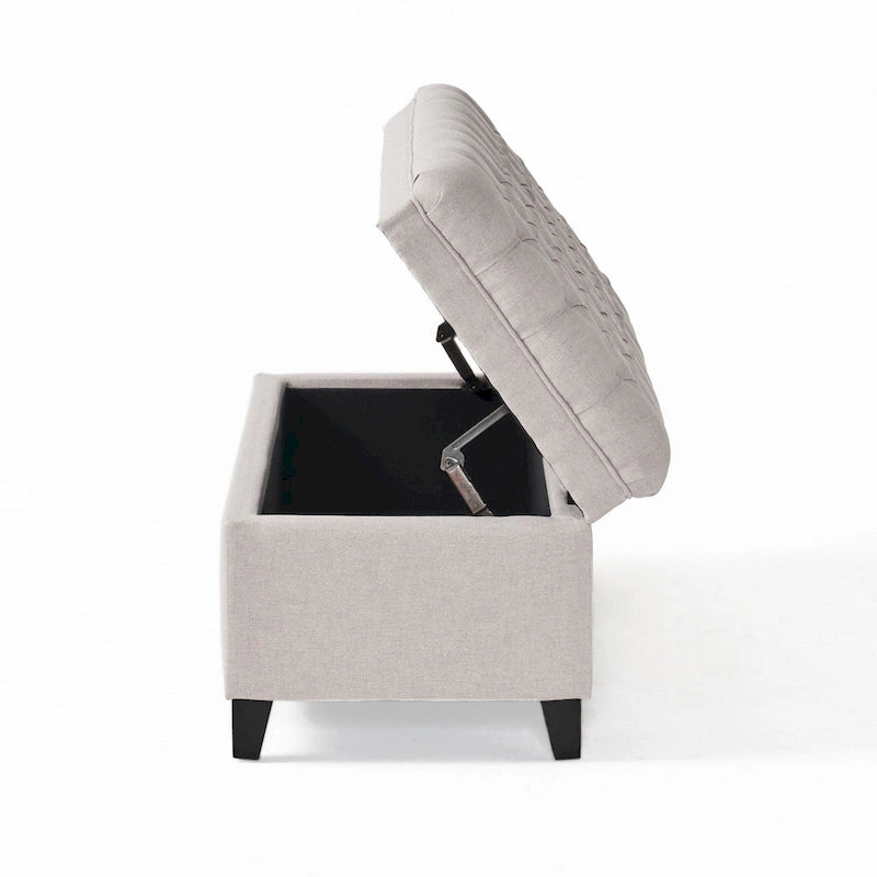 Button Tufted Storage Bench Ottoman with Soft Gray Fabric Upholstery