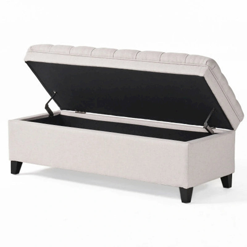 Button Tufted Storage Bench Ottoman with Soft Gray Fabric Upholstery