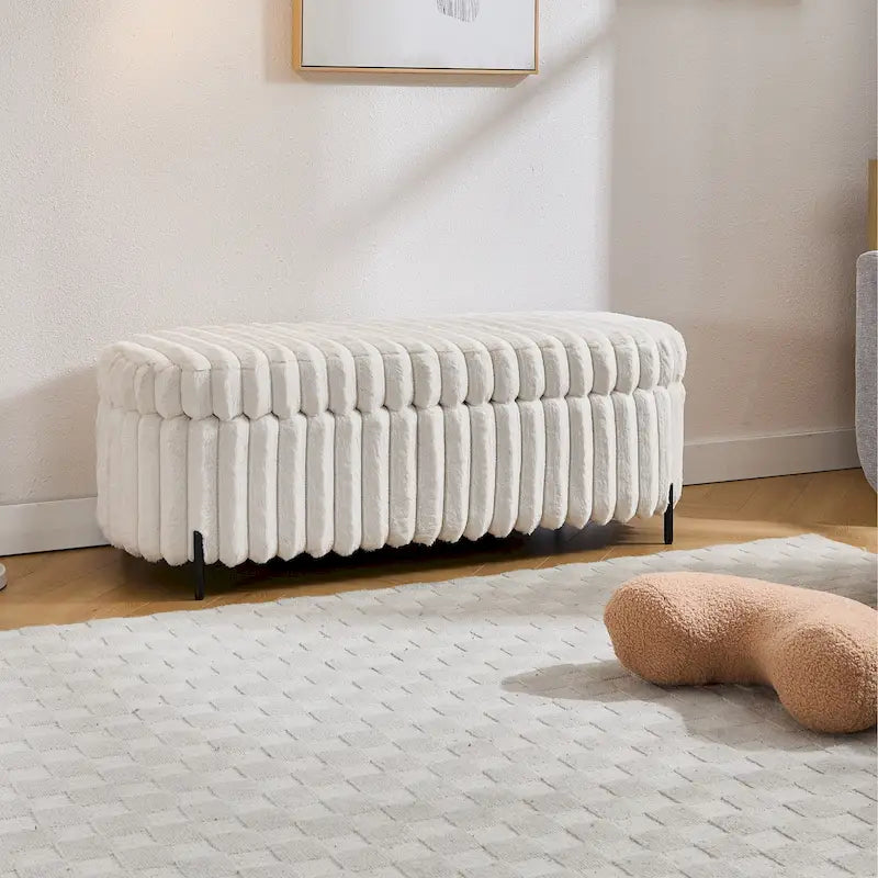 Plush Ribbed Storage Ottoman Bench with Metal Legs Beige Charcoal Brown