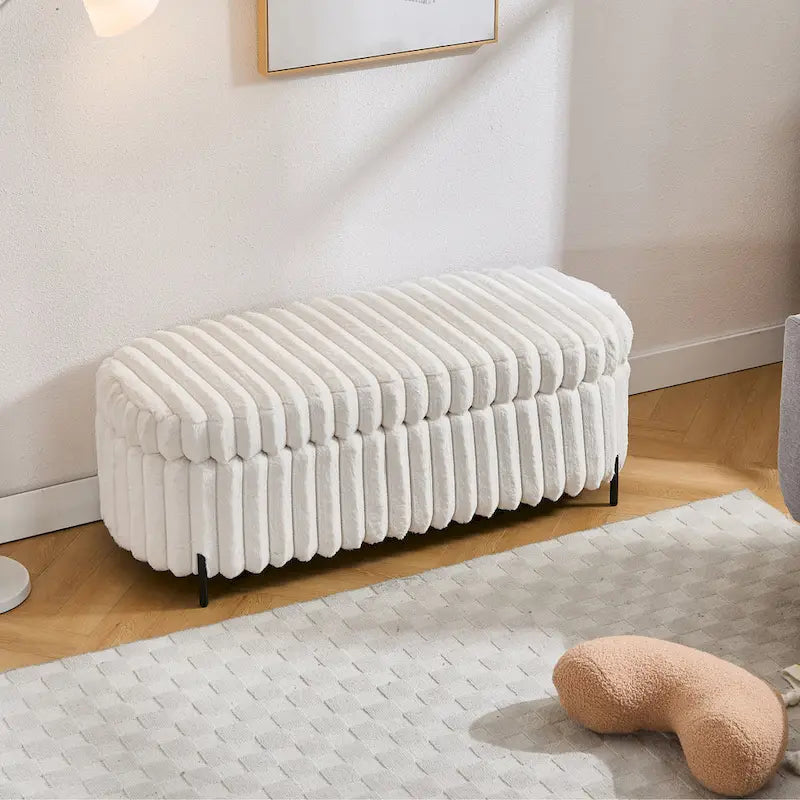 Plush Ribbed Storage Ottoman Bench with Metal Legs Beige Charcoal Brown