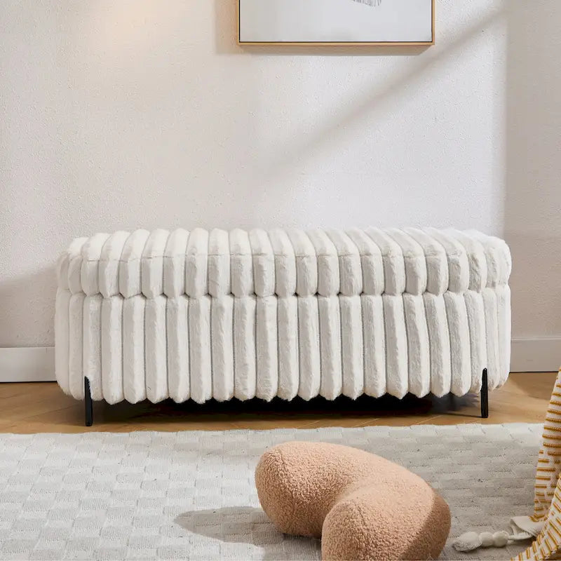 Plush Ribbed Storage Ottoman Bench with Metal Legs Beige Charcoal Brown