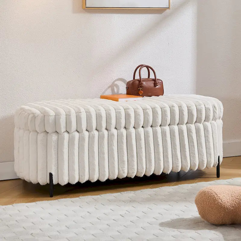Plush Ribbed Storage Ottoman Bench with Metal Legs Beige Charcoal Brown