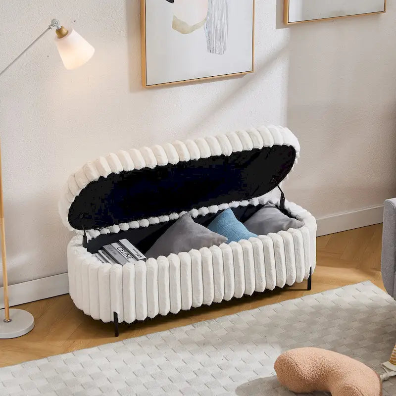 Plush Ribbed Storage Ottoman Bench with Metal Legs Beige Charcoal Brown