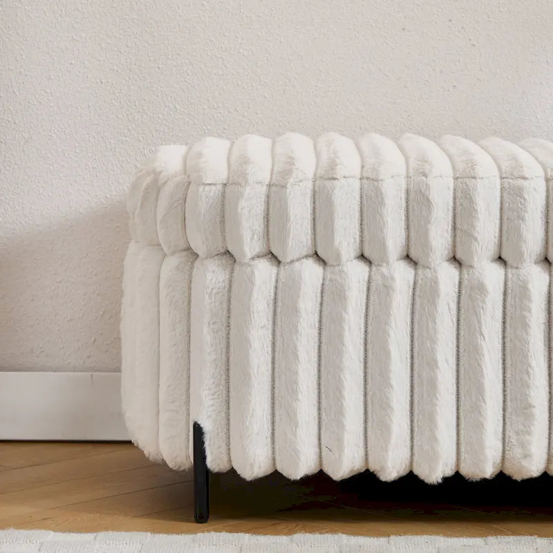 Plush Ribbed Storage Ottoman Bench with Metal Legs Beige Charcoal Brown