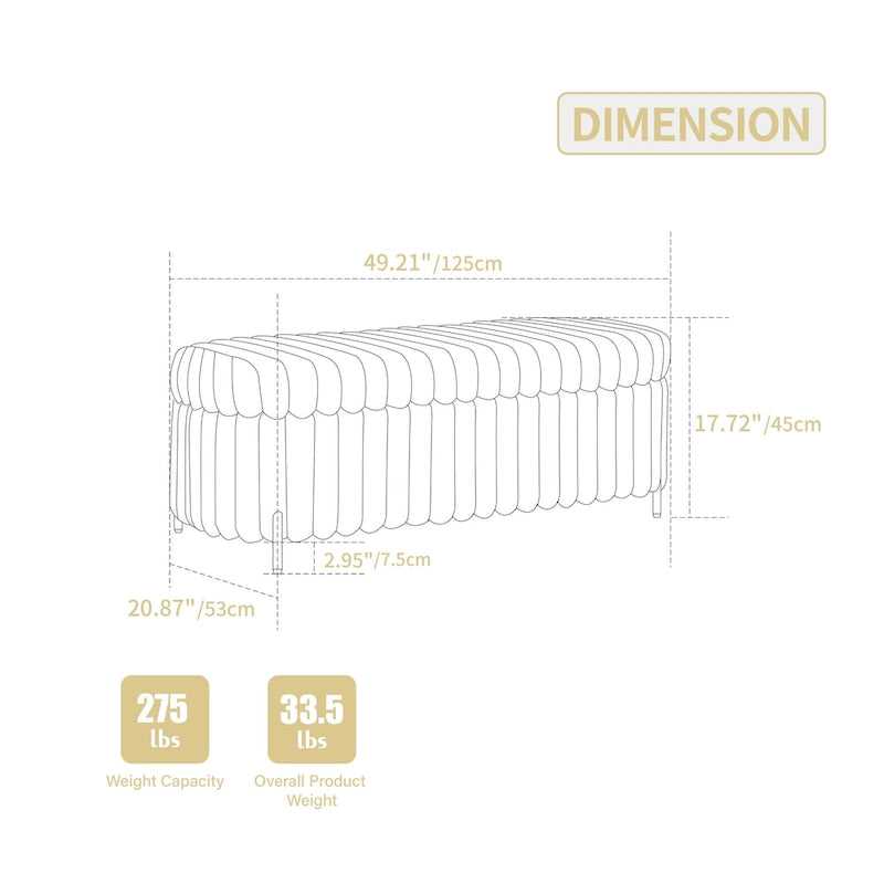 Plush Ribbed Storage Ottoman Bench with Metal Legs Beige Charcoal Brown