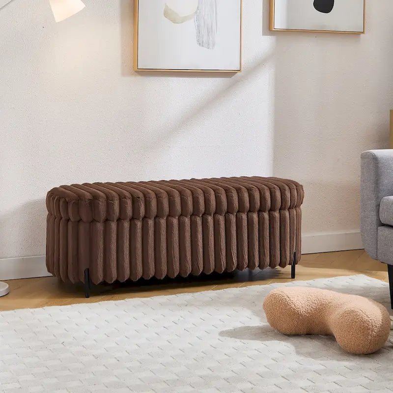Plush Ribbed Storage Ottoman Bench with Metal Legs Beige Charcoal Brown