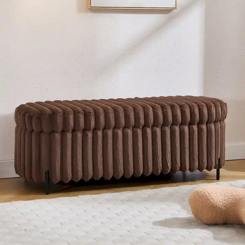 Plush Ribbed Storage Ottoman Bench with Metal Legs Beige Charcoal Brown