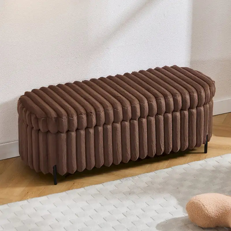 Plush Ribbed Storage Ottoman Bench with Metal Legs Beige Charcoal Brown
