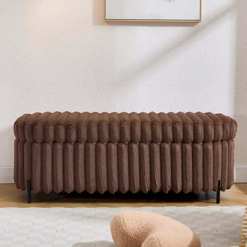 Plush Ribbed Storage Ottoman Bench with Metal Legs Beige Charcoal Brown