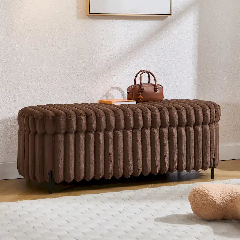Plush Ribbed Storage Ottoman Bench with Metal Legs Beige Charcoal Brown