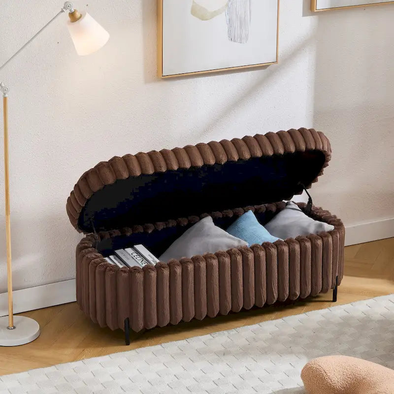 Plush Ribbed Storage Ottoman Bench with Metal Legs Beige Charcoal Brown