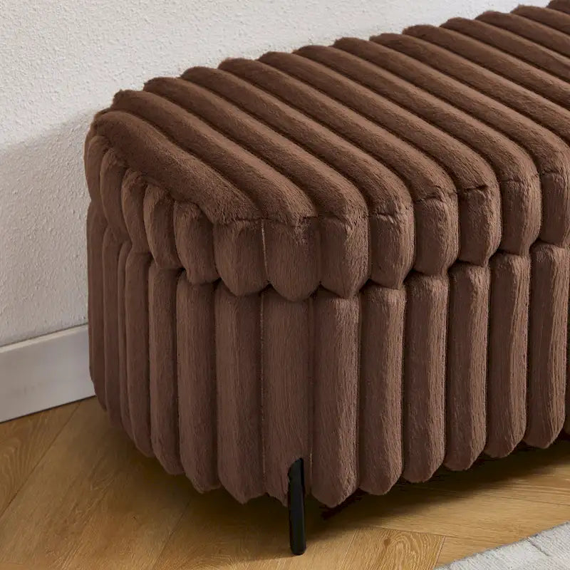 Plush Ribbed Storage Ottoman Bench with Metal Legs Beige Charcoal Brown