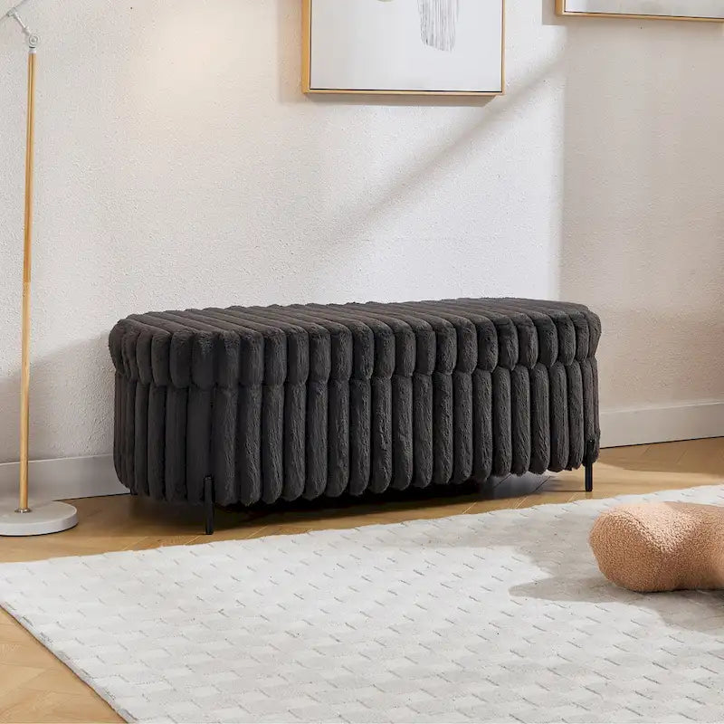 Plush Ribbed Storage Ottoman Bench with Metal Legs Beige Charcoal Brown