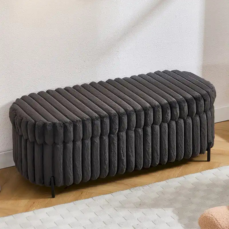 Plush Ribbed Storage Ottoman Bench with Metal Legs Beige Charcoal Brown