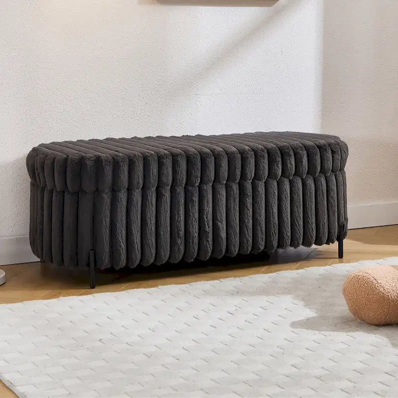 Plush Ribbed Storage Ottoman Bench with Metal Legs Beige Charcoal Brown