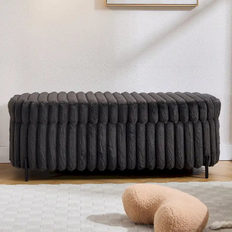 Plush Ribbed Storage Ottoman Bench with Metal Legs Beige Charcoal Brown