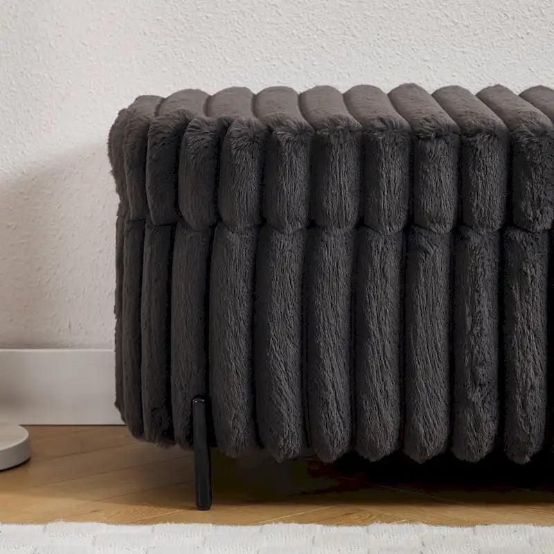 Plush Ribbed Storage Ottoman Bench with Metal Legs Beige Charcoal Brown