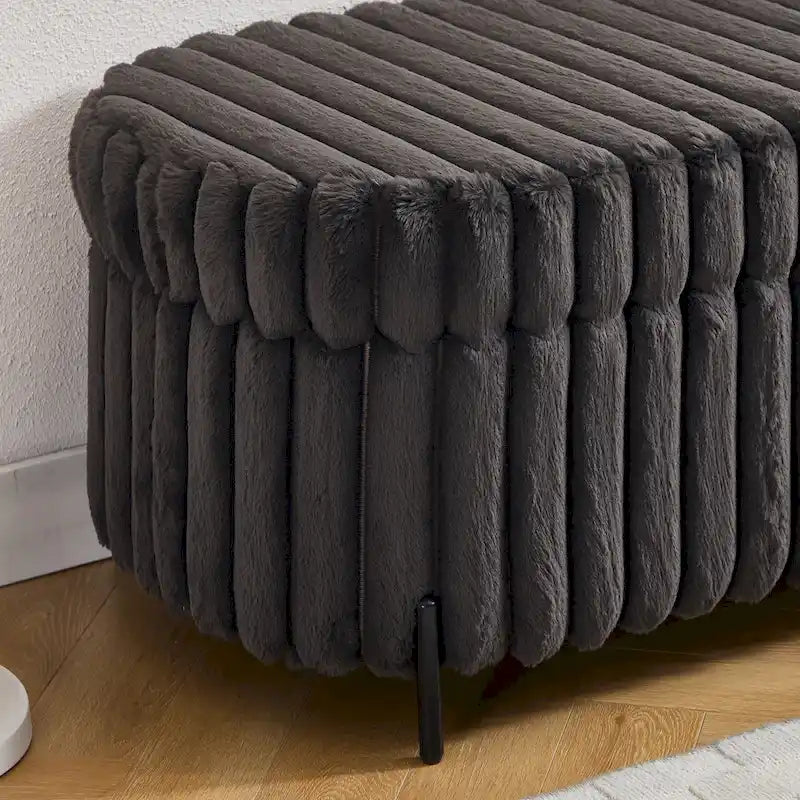 Plush Ribbed Storage Ottoman Bench with Metal Legs Beige Charcoal Brown
