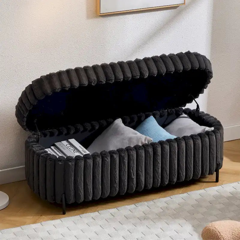 Plush Ribbed Storage Ottoman Bench with Metal Legs Beige Charcoal Brown