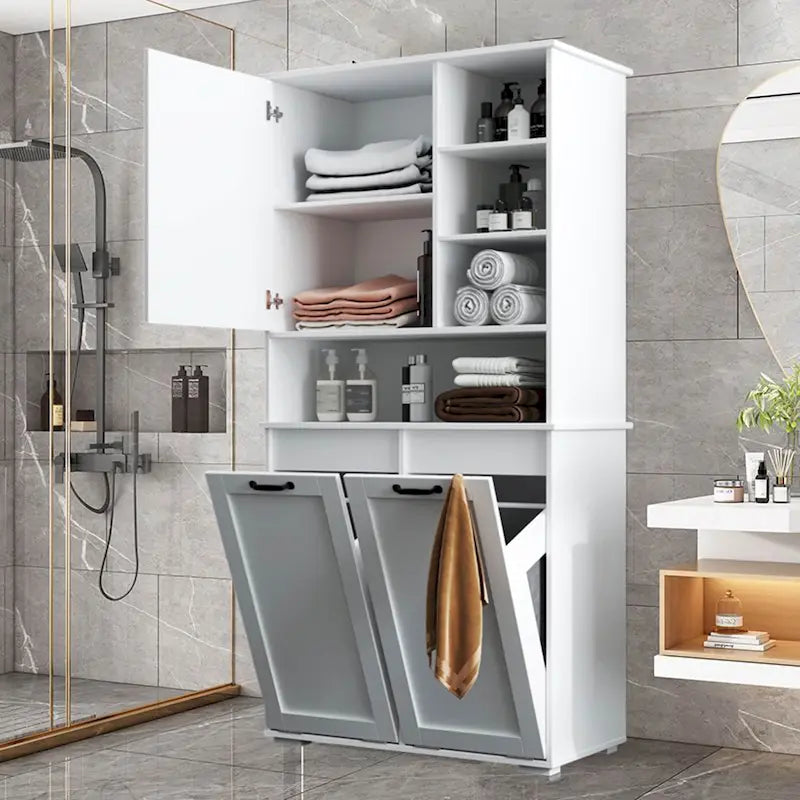 Freestanding Bathroom Storage Cabinet with Tilt-Out Hampers White