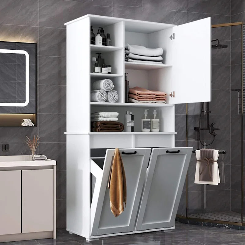 Freestanding Bathroom Storage Cabinet with Tilt-Out Hampers White