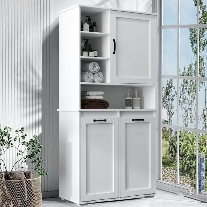 Freestanding Bathroom Storage Cabinet with Tilt-Out Hampers White