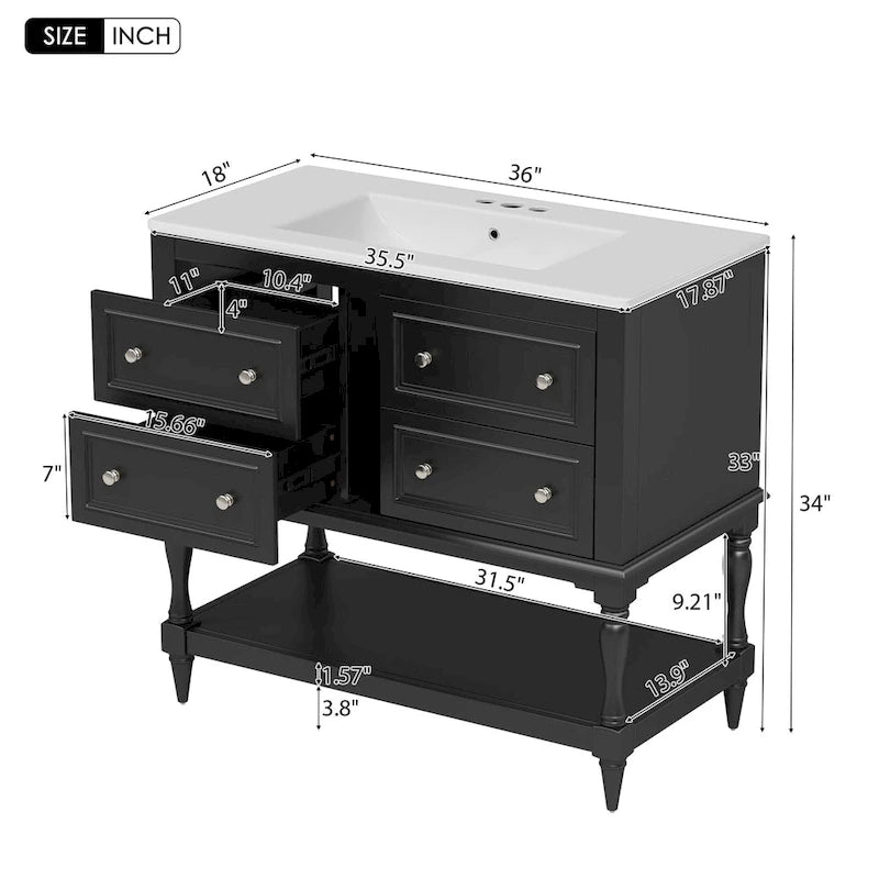 Freestanding Bathroom Vanity with Undermount Ceramic Sink and 4 Drawers White