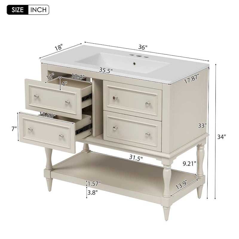 Freestanding Bathroom Vanity with Undermount Ceramic Sink and 4 Drawers White