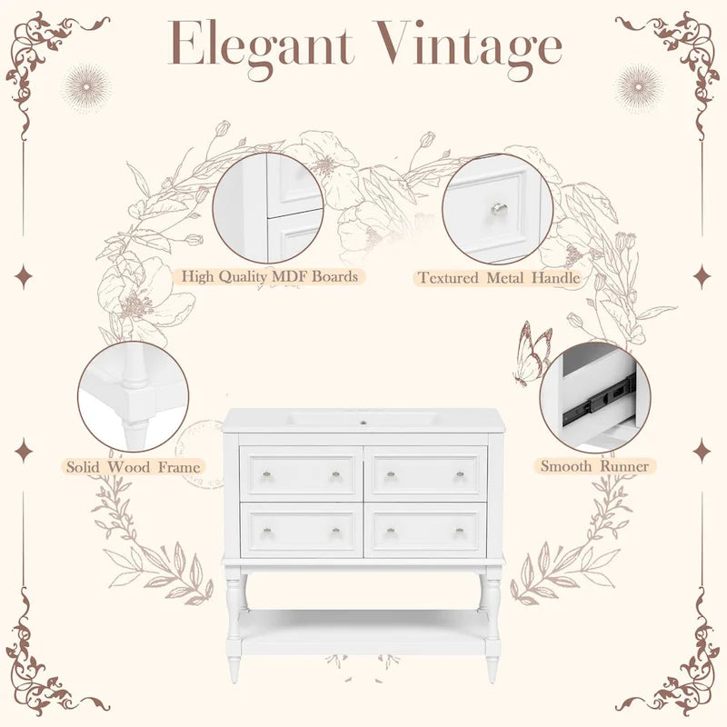 Freestanding Bathroom Vanity with Undermount Ceramic Sink and 4 Drawers White