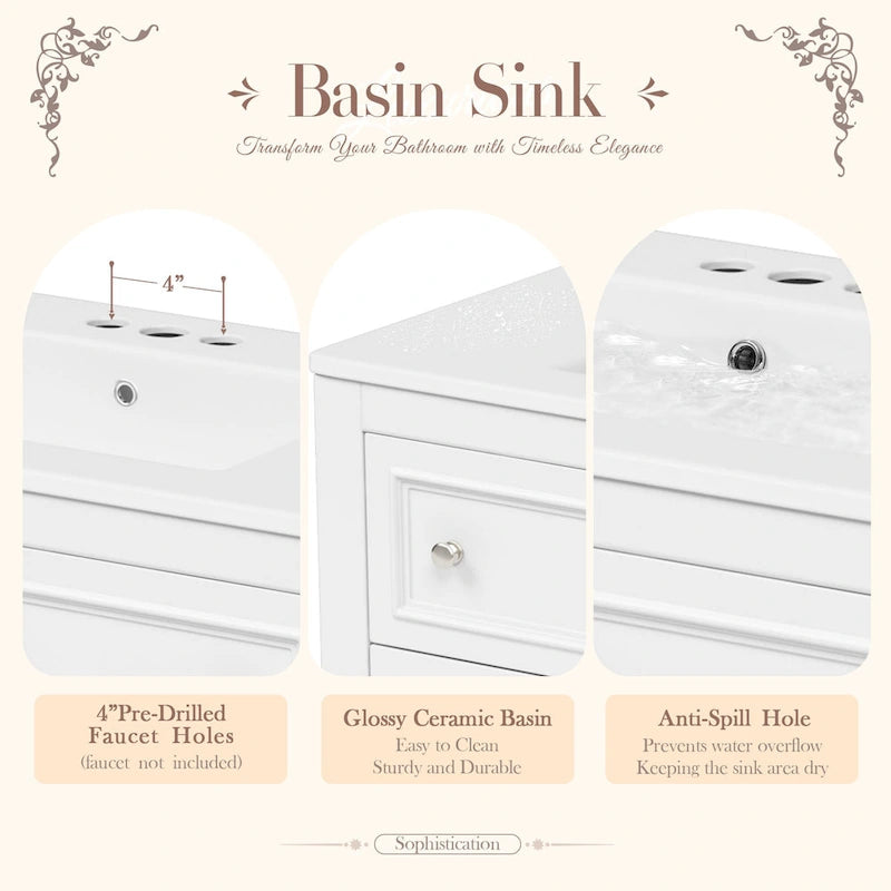 Freestanding Bathroom Vanity with Undermount Ceramic Sink and 4 Drawers White