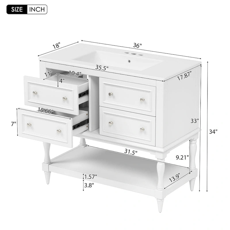 Freestanding Bathroom Vanity with Undermount Ceramic Sink and 4 Drawers White