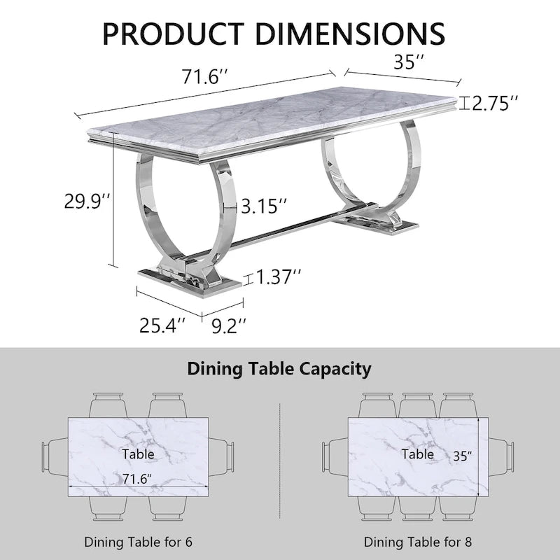 Table à manger de luxe avec piètement circulaire en métal poli - 72 pouces