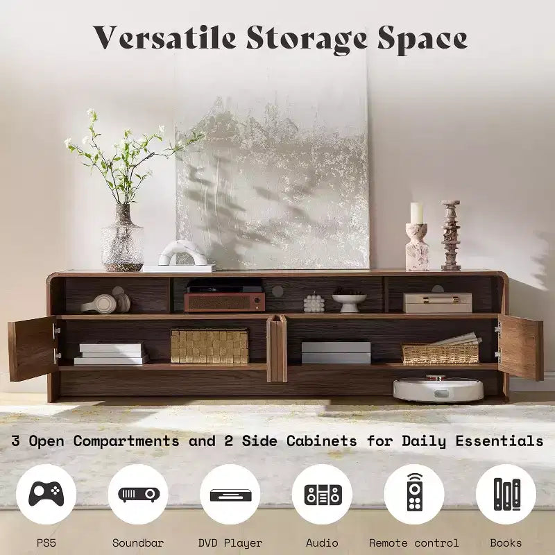 Meuble TV moderne AMERLIFE 70 avec design cannelé et armoires de rangement, pour téléviseurs jusqu'à 80 pouces, meuble TV en bois pour salon