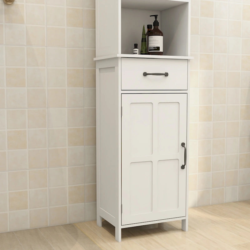 Slim White Floor Standing Cabinet with Open Shelf, Drawer and Door