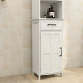 Slim White Floor Standing Cabinet with Open Shelf, Drawer and Door