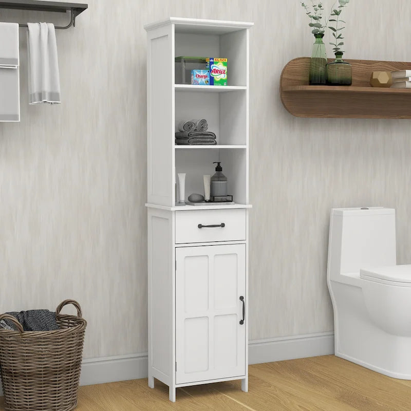 Slim White Floor Standing Cabinet with Open Shelf, Drawer and Door