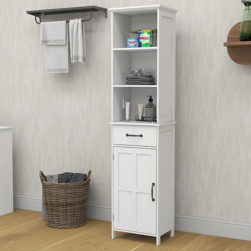 Slim White Floor Standing Cabinet with Open Shelf, Drawer and Door