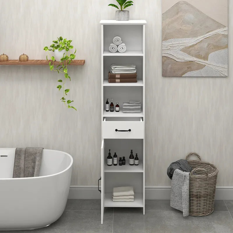 Slim White Floor Standing Cabinet with Open Shelf, Drawer and Door