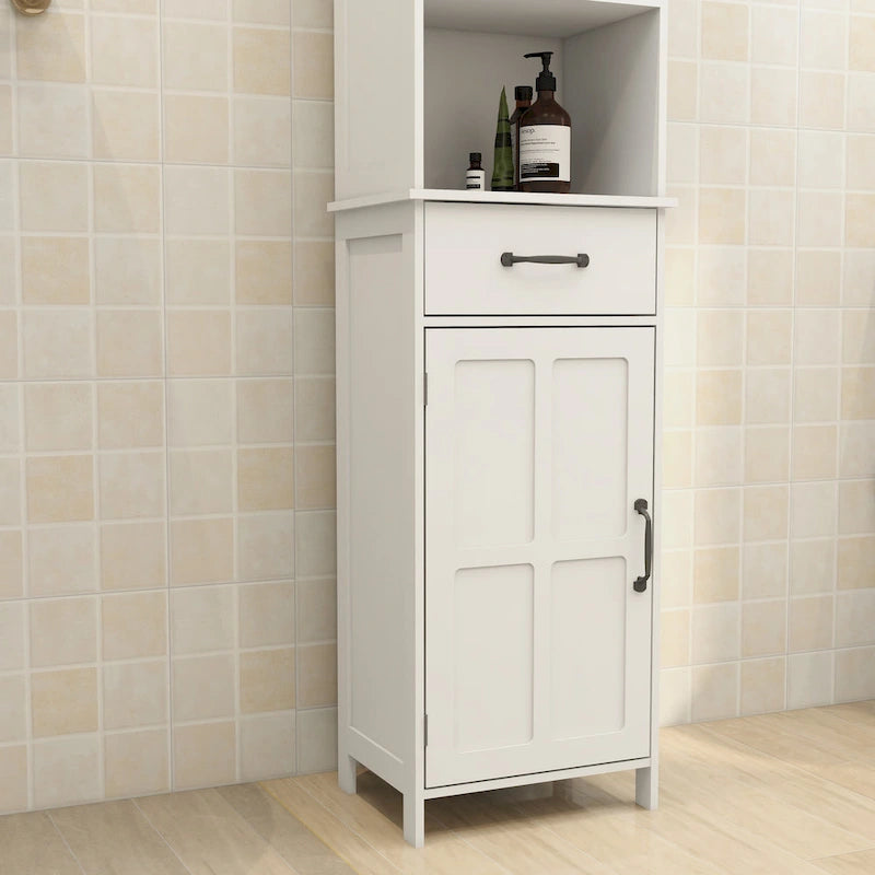 Slim White Floor Standing Cabinet with Open Shelf, Drawer and Door