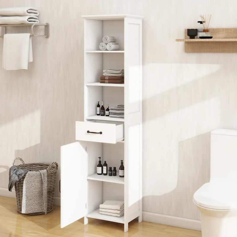 Slim White Floor Standing Cabinet with Open Shelf, Drawer and Door