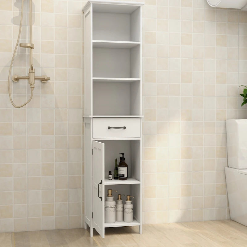 Slim White Floor Standing Cabinet with Open Shelf, Drawer and Door