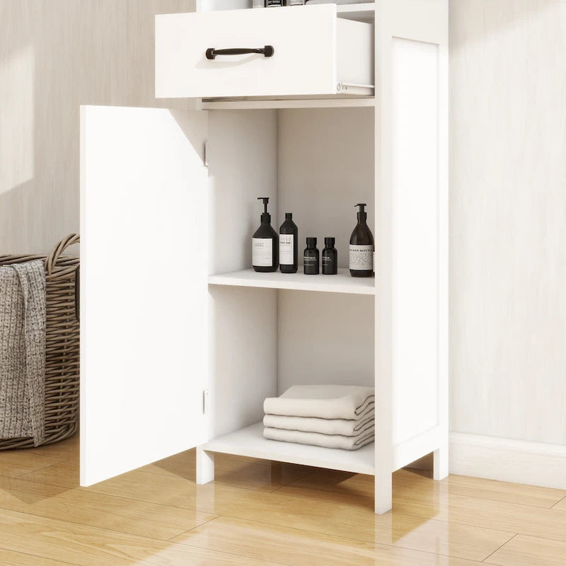 Slim White Floor Standing Cabinet with Open Shelf, Drawer and Door