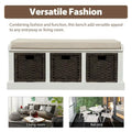 Rustic Storage Bench with Removable Rattan Baskets and Cushion White