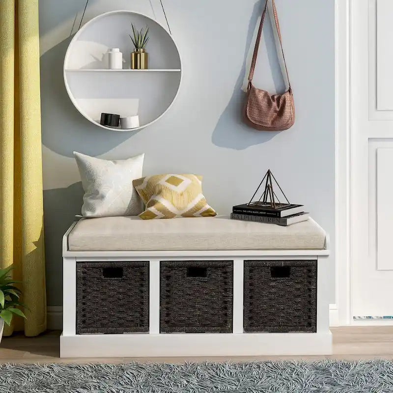 Rustic Storage Bench with Removable Rattan Baskets and Cushion White