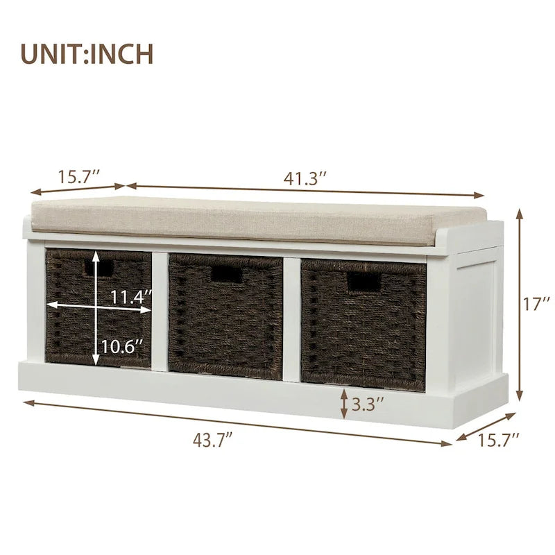Rustic Storage Bench with Removable Rattan Baskets and Cushion White
