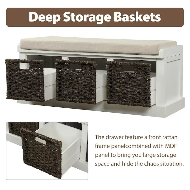 Rustic Storage Bench with Removable Rattan Baskets and Cushion White