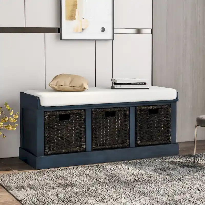 Rustic Storage Bench with Removable Rattan Baskets and Cushion White